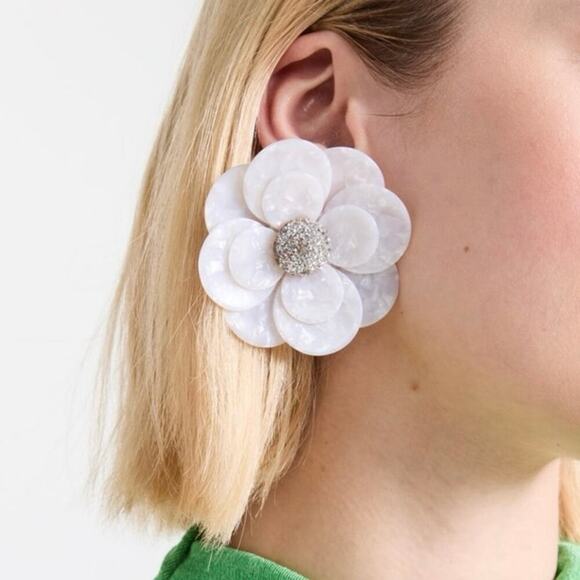 Lele Sadoughi Zinnia White Iridescent Mother of Pearl Large Petal Floral Earring - Picture 9 of 9